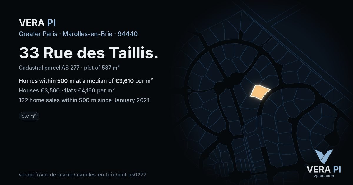 33 Rue des Taillis, Marolles-en-Brie at night – the plot lit, the parcels around coloured by the prices near them