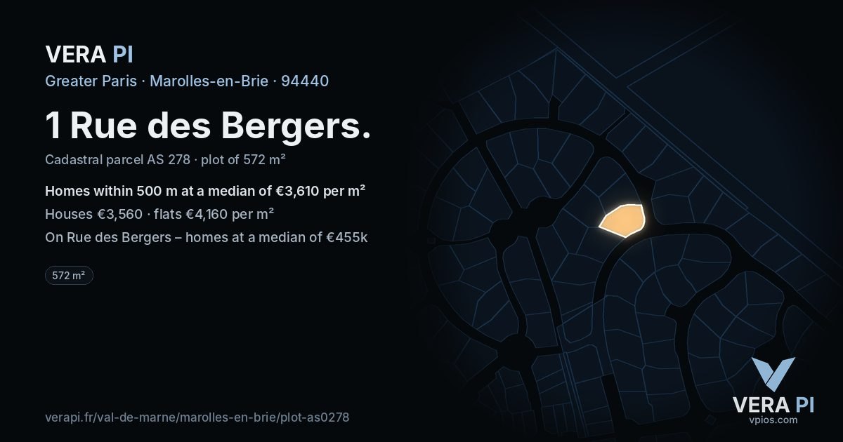1 Rue des Bergers, Marolles-en-Brie at night – the plot lit, the parcels around coloured by the prices near them