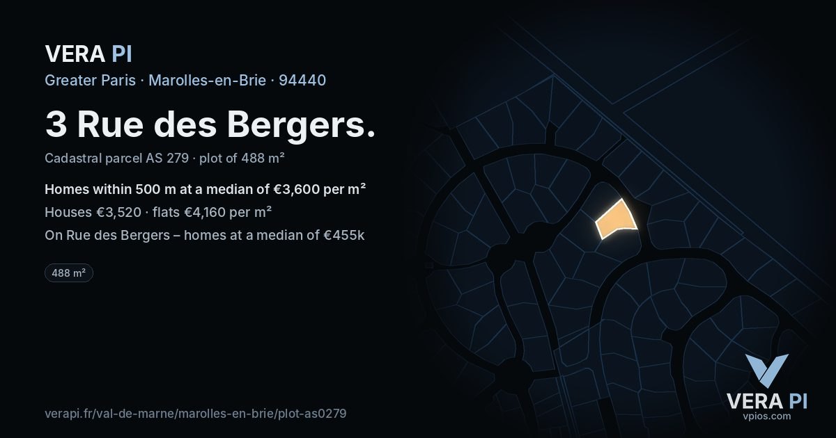 3 Rue des Bergers, Marolles-en-Brie at night – the plot lit, the parcels around coloured by the prices near them
