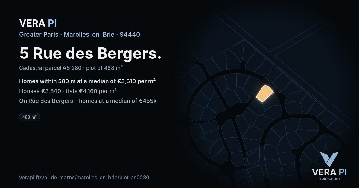 5 Rue des Bergers, Marolles-en-Brie at night – the plot lit, the parcels around coloured by the prices near them