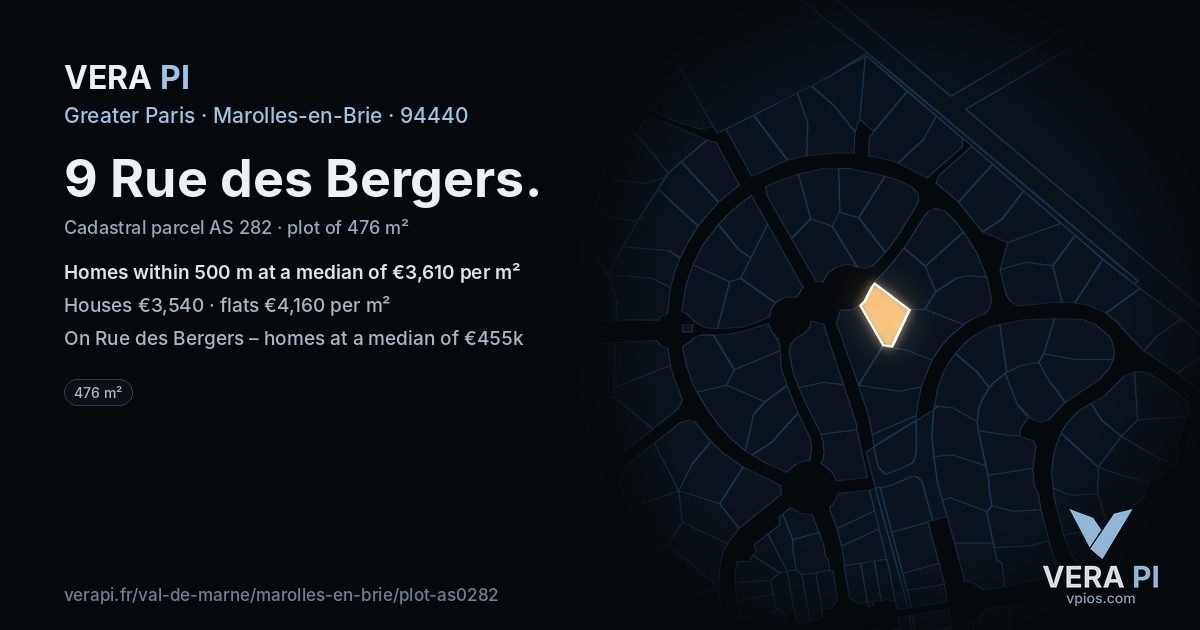 9 Rue des Bergers, Marolles-en-Brie at night – the plot lit, the parcels around coloured by the prices near them