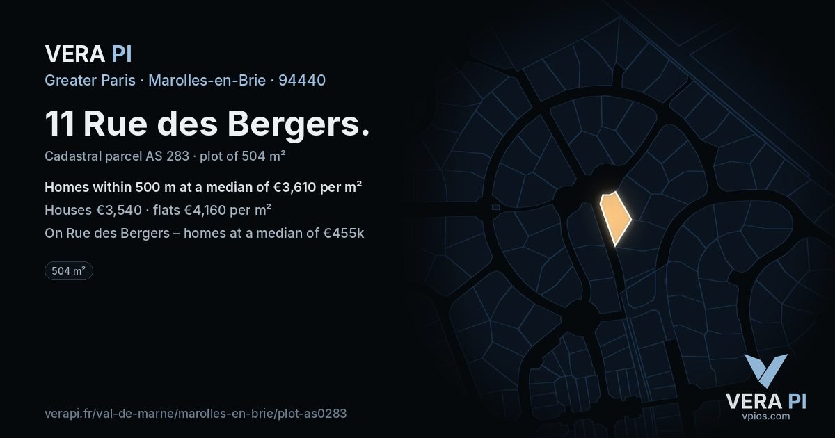 11 Rue des Bergers, Marolles-en-Brie at night – the plot lit, the parcels around coloured by the prices near them