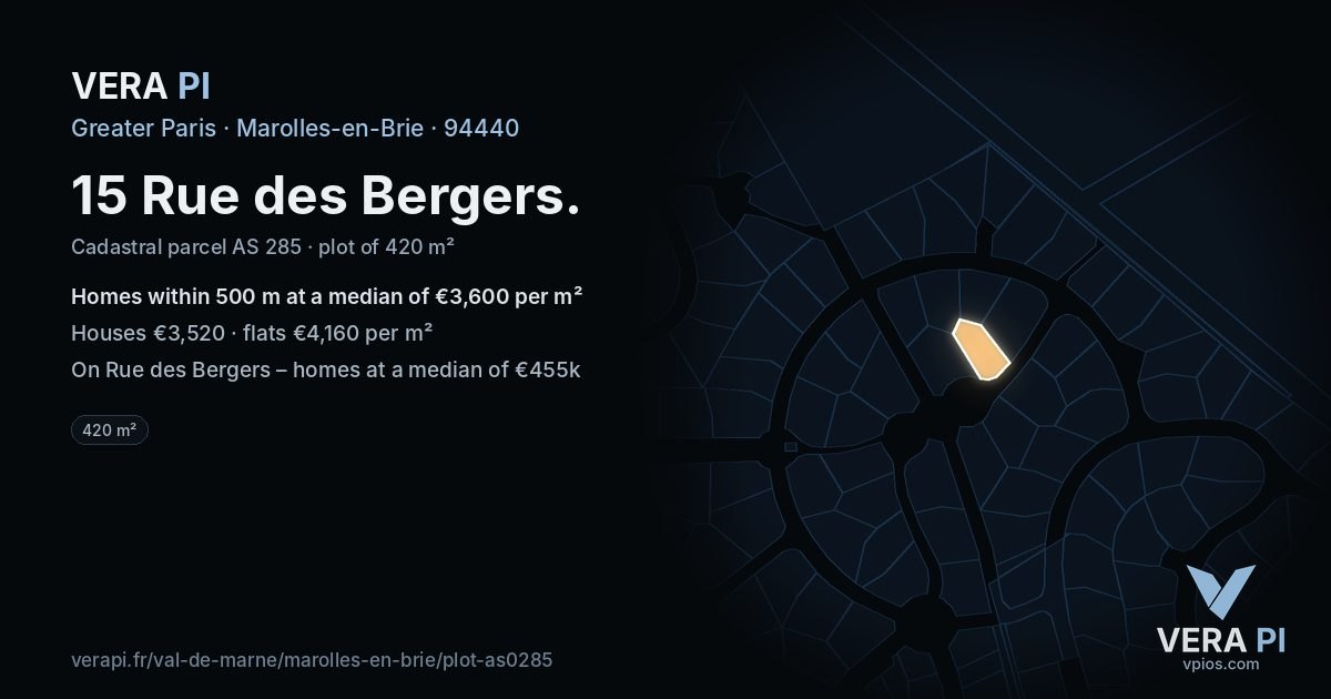 15 Rue des Bergers, Marolles-en-Brie at night – the plot lit, the parcels around coloured by the prices near them