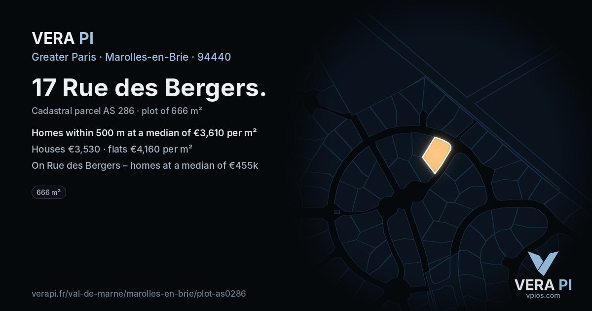 17 Rue des Bergers, Marolles-en-Brie at night – the plot lit, the parcels around coloured by the prices near them