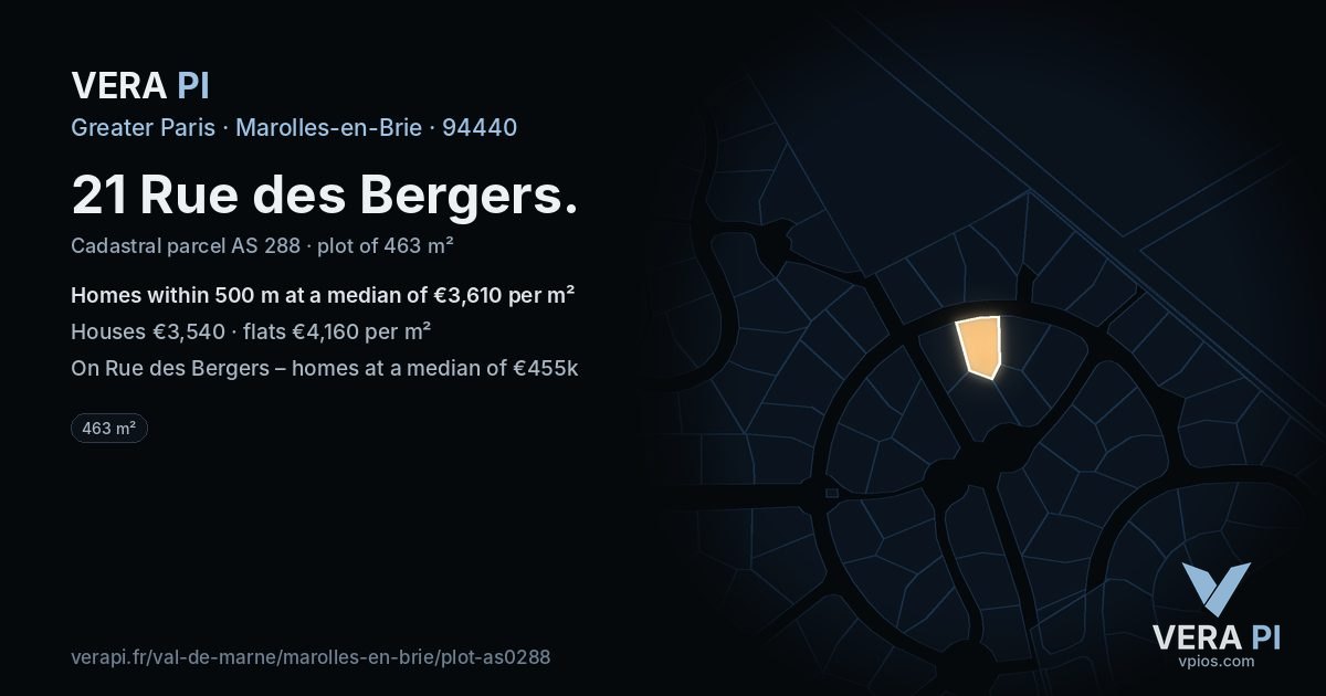 21 Rue des Bergers, Marolles-en-Brie at night – the plot lit, the parcels around coloured by the prices near them