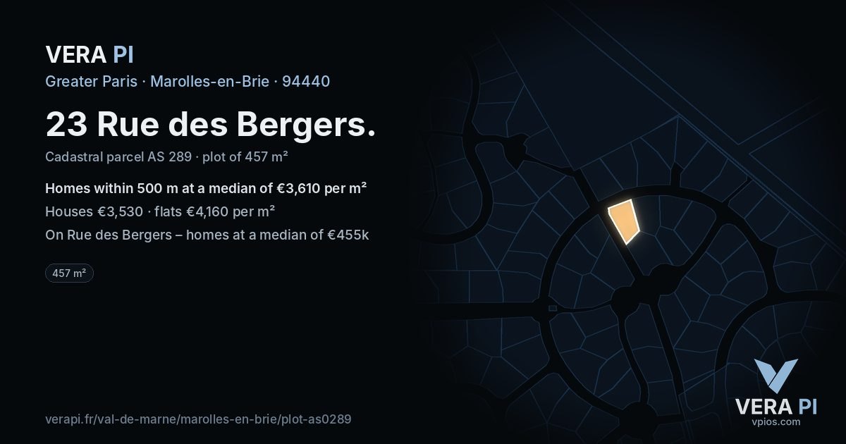 23 Rue des Bergers, Marolles-en-Brie at night – the plot lit, the parcels around coloured by the prices near them