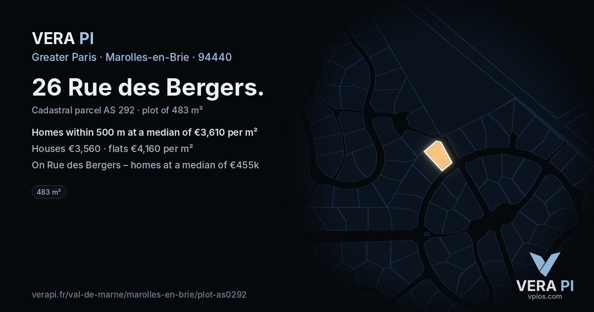 26 Rue des Bergers, Marolles-en-Brie at night – the plot lit, the parcels around coloured by the prices near them