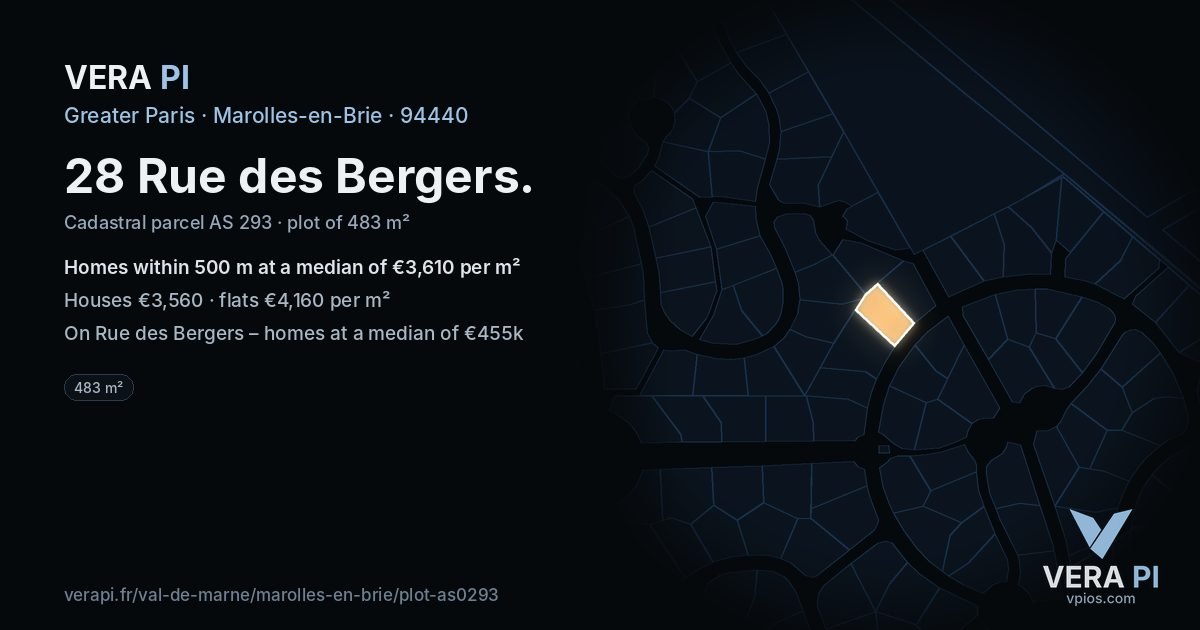 28 Rue des Bergers, Marolles-en-Brie at night – the plot lit, the parcels around coloured by the prices near them