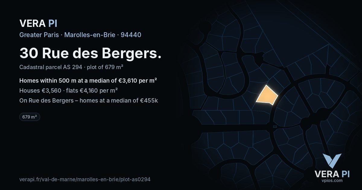 30 Rue des Bergers, Marolles-en-Brie at night – the plot lit, the parcels around coloured by the prices near them