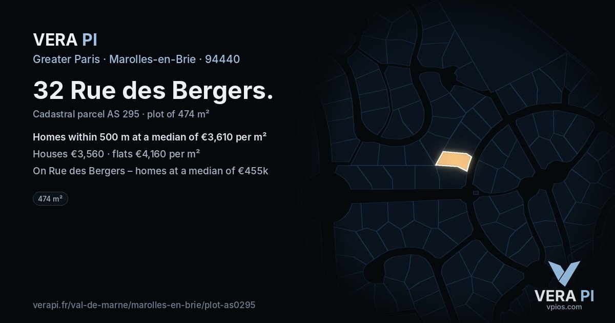32 Rue des Bergers, Marolles-en-Brie at night – the plot lit, the parcels around coloured by the prices near them