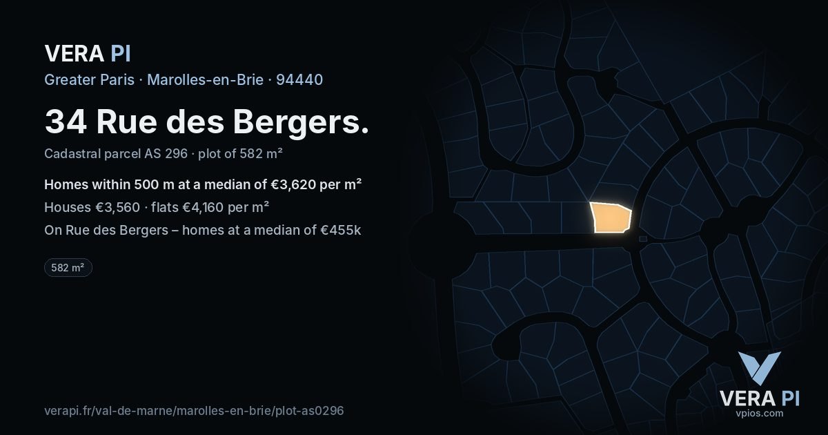 34 Rue des Bergers, Marolles-en-Brie at night – the plot lit, the parcels around coloured by the prices near them