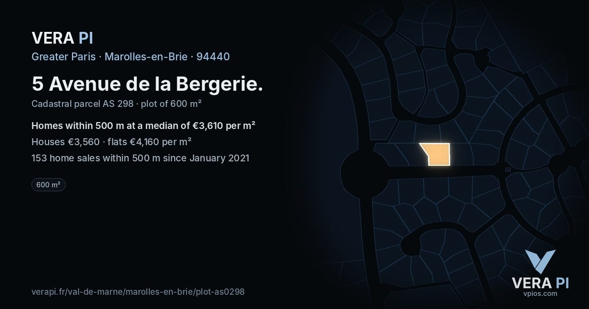 5 Avenue de la Bergerie, Marolles-en-Brie at night – the plot lit, the parcels around coloured by the prices near them