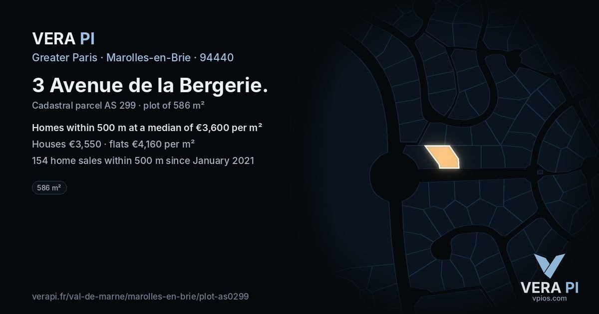 3 Avenue de la Bergerie, Marolles-en-Brie at night – the plot lit, the parcels around coloured by the prices near them