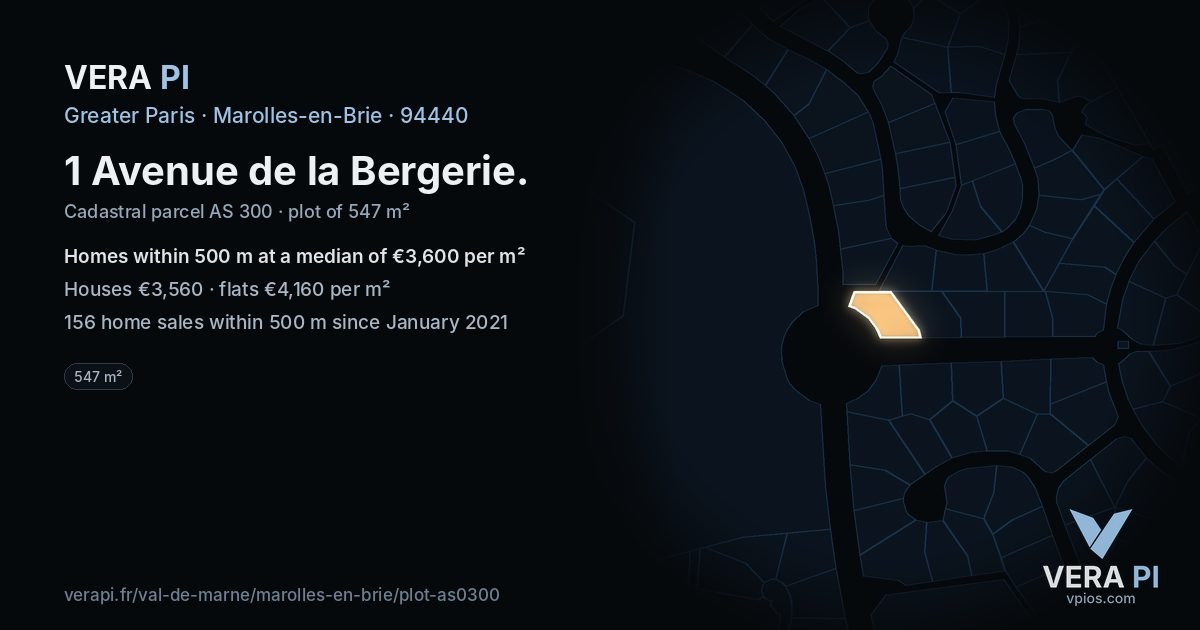 1 Avenue de la Bergerie, Marolles-en-Brie at night – the plot lit, the parcels around coloured by the prices near them