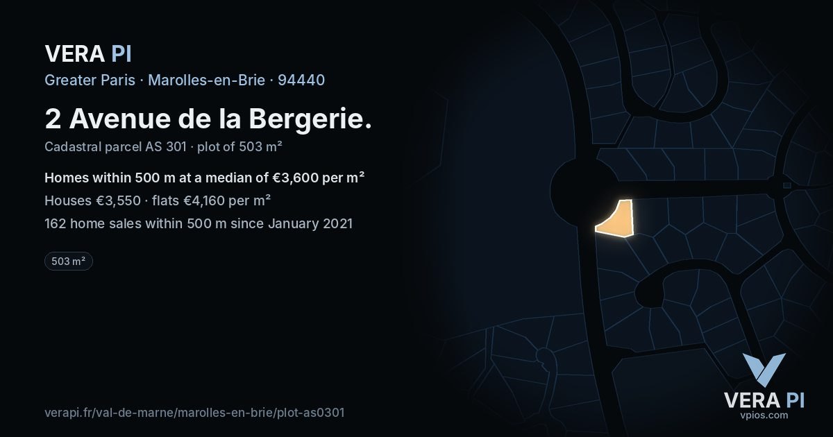 2 Avenue de la Bergerie, Marolles-en-Brie at night – the plot lit, the parcels around coloured by the prices near them