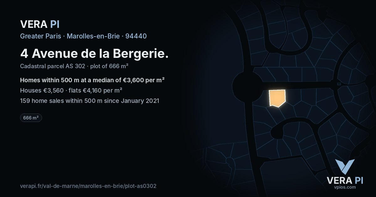 4 Avenue de la Bergerie, Marolles-en-Brie at night – the plot lit, the parcels around coloured by the prices near them