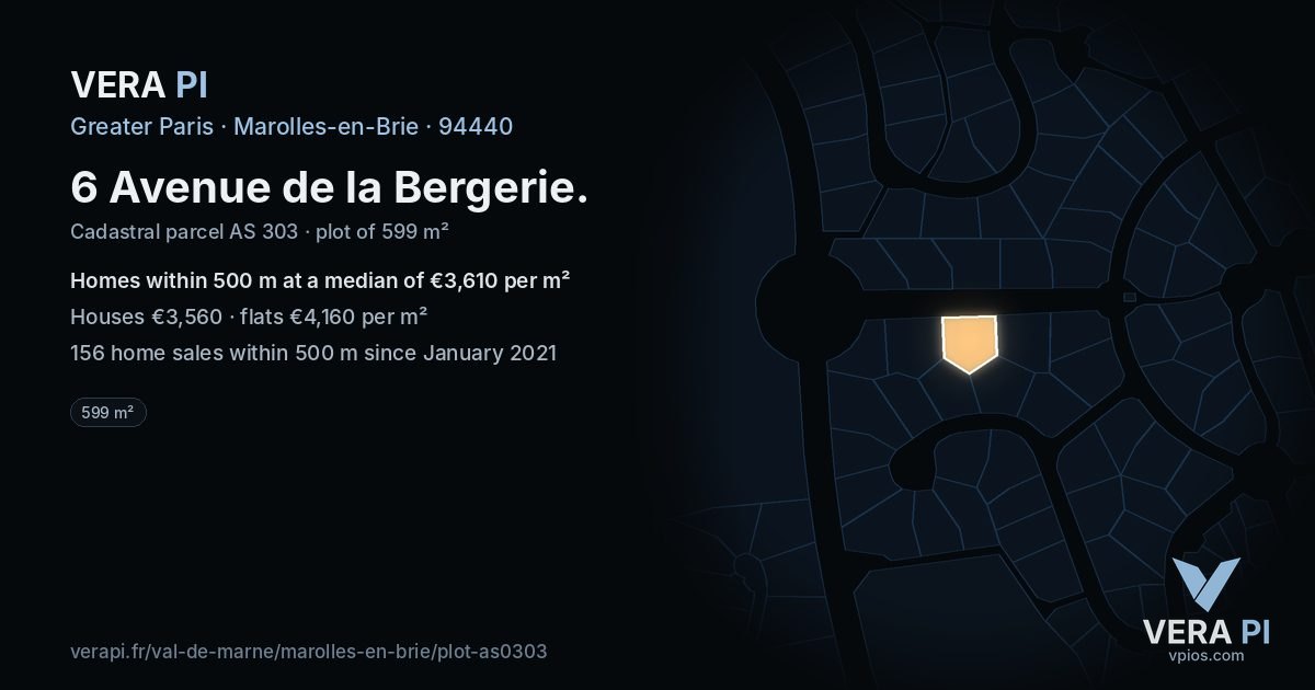 6 Avenue de la Bergerie, Marolles-en-Brie at night – the plot lit, the parcels around coloured by the prices near them