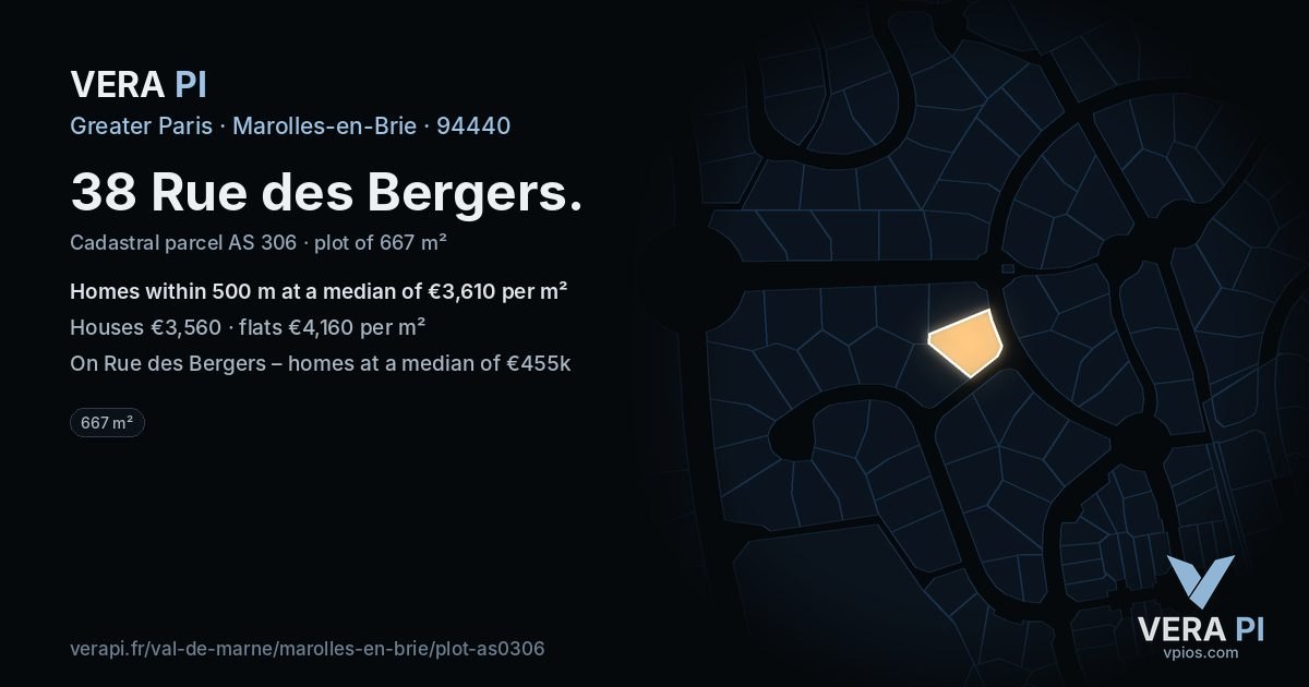38 Rue des Bergers, Marolles-en-Brie at night – the plot lit, the parcels around coloured by the prices near them