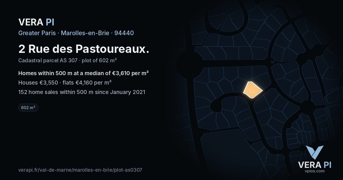 2 Rue des Pastoureaux, Marolles-en-Brie at night – the plot lit, the parcels around coloured by the prices near them