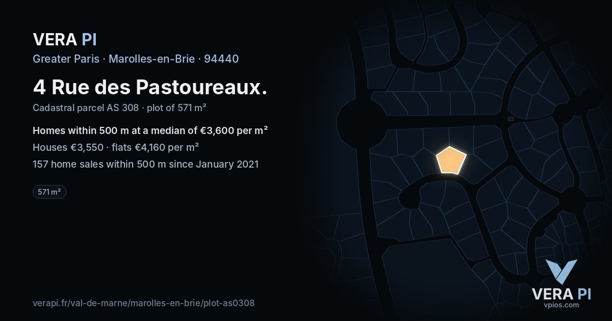 4 Rue des Pastoureaux, Marolles-en-Brie at night – the plot lit, the parcels around coloured by the prices near them