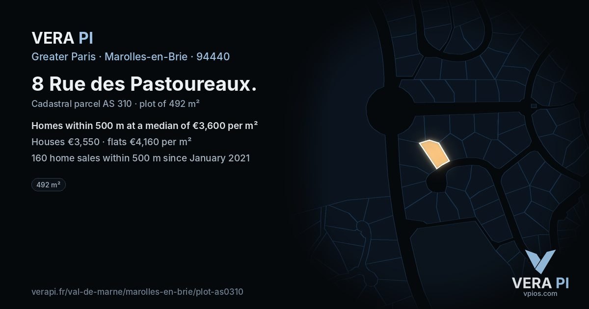 8 Rue des Pastoureaux, Marolles-en-Brie at night – the plot lit, the parcels around coloured by the prices near them