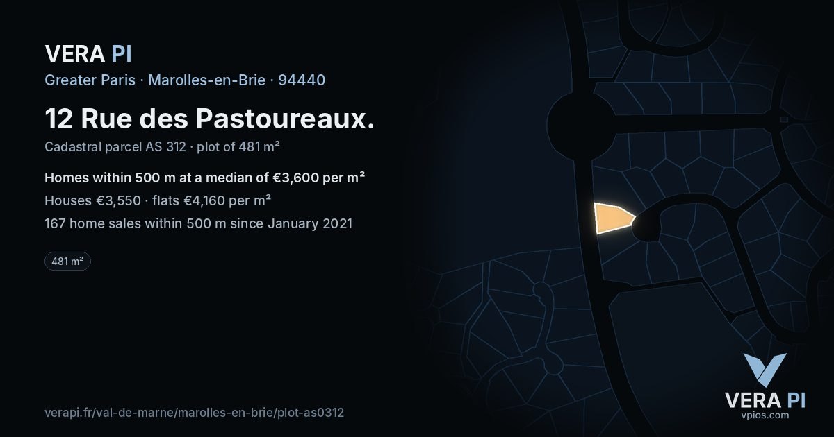 12 Rue des Pastoureaux, Marolles-en-Brie at night – the plot lit, the parcels around coloured by the prices near them