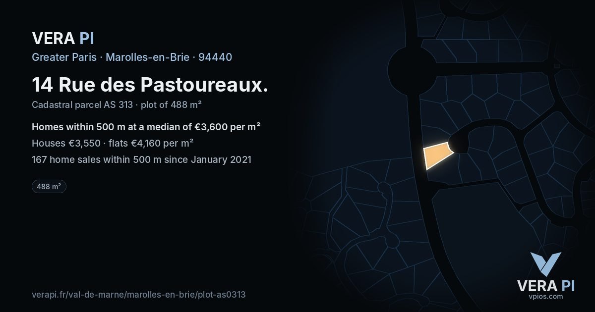 14 Rue des Pastoureaux, Marolles-en-Brie at night – the plot lit, the parcels around coloured by the prices near them