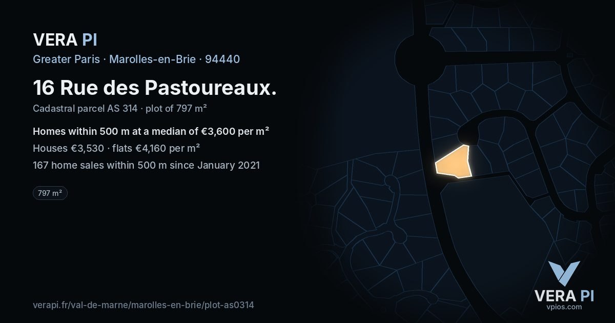 16 Rue des Pastoureaux, Marolles-en-Brie at night – the plot lit, the parcels around coloured by the prices near them