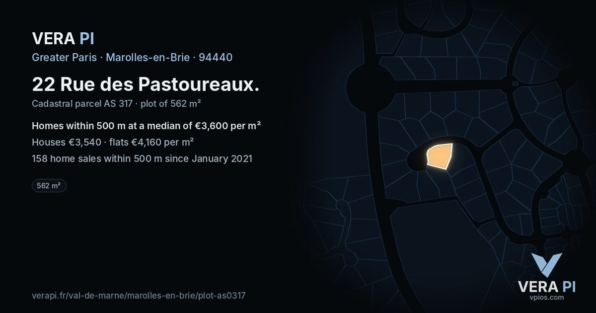 22 Rue des Pastoureaux, Marolles-en-Brie at night – the plot lit, the parcels around coloured by the prices near them