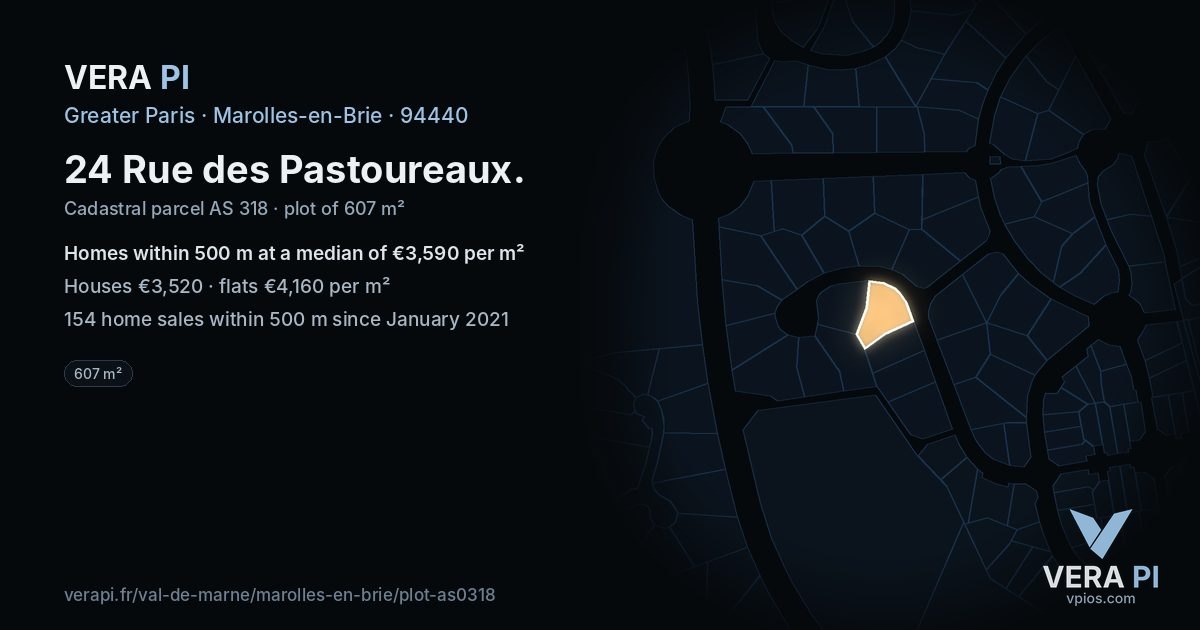 24 Rue des Pastoureaux, Marolles-en-Brie at night – the plot lit, the parcels around coloured by the prices near them