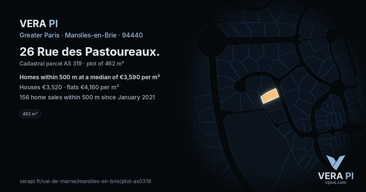 26 Rue des Pastoureaux, Marolles-en-Brie at night – the plot lit, the parcels around coloured by the prices near them