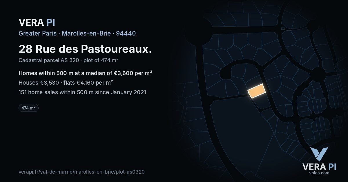 28 Rue des Pastoureaux, Marolles-en-Brie at night – the plot lit, the parcels around coloured by the prices near them