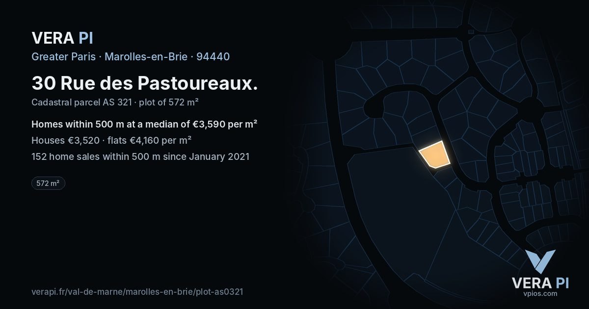 30 Rue des Pastoureaux, Marolles-en-Brie at night – the plot lit, the parcels around coloured by the prices near them