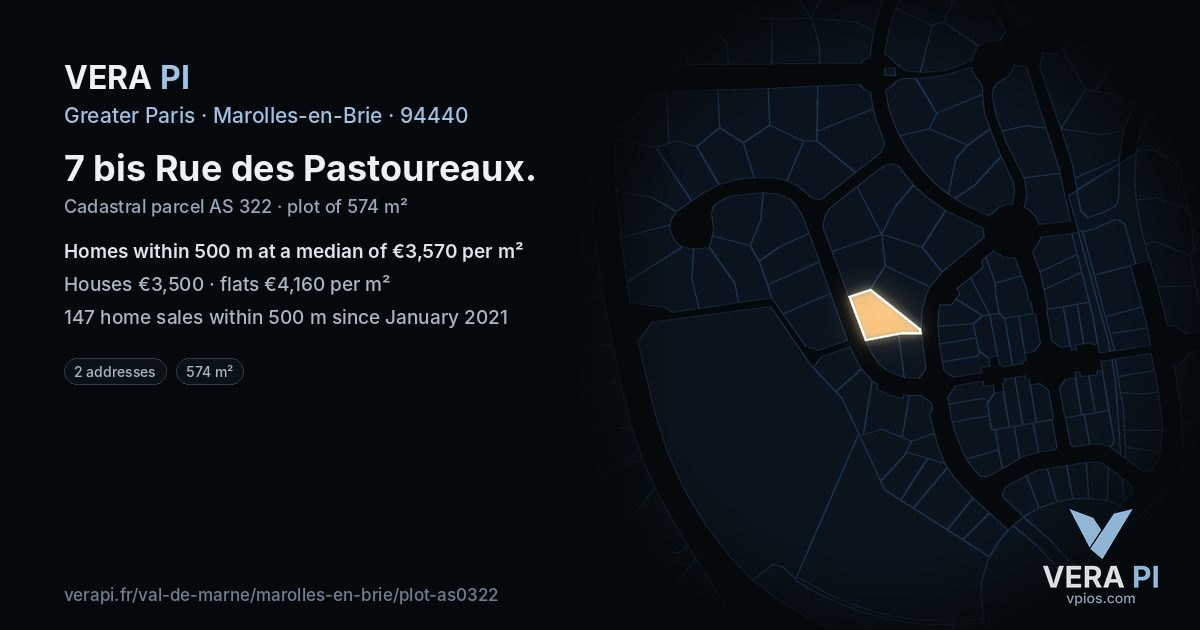 7 bis Rue des Pastoureaux, Marolles-en-Brie at night – the plot lit, the parcels around coloured by the prices near them