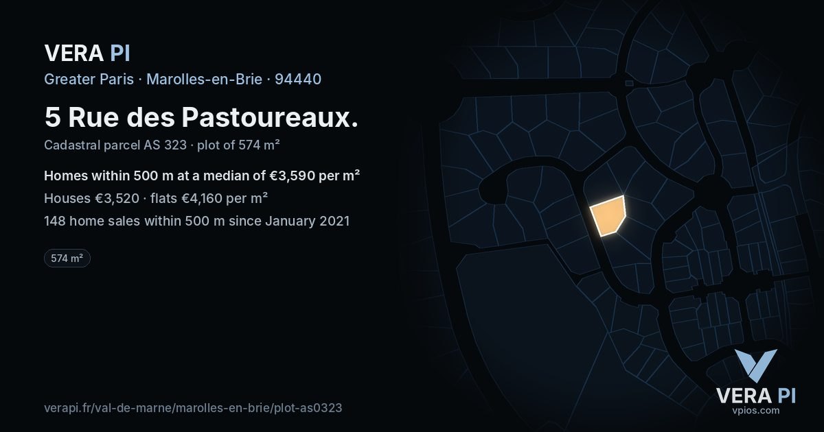 5 Rue des Pastoureaux, Marolles-en-Brie at night – the plot lit, the parcels around coloured by the prices near them
