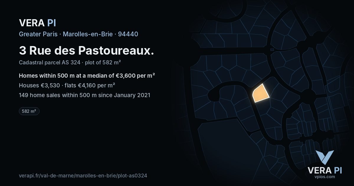 3 Rue des Pastoureaux, Marolles-en-Brie at night – the plot lit, the parcels around coloured by the prices near them