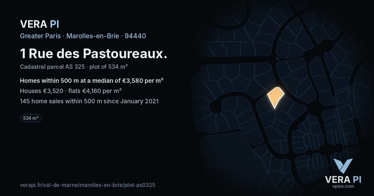 1 Rue des Pastoureaux, Marolles-en-Brie at night – the plot lit, the parcels around coloured by the prices near them
