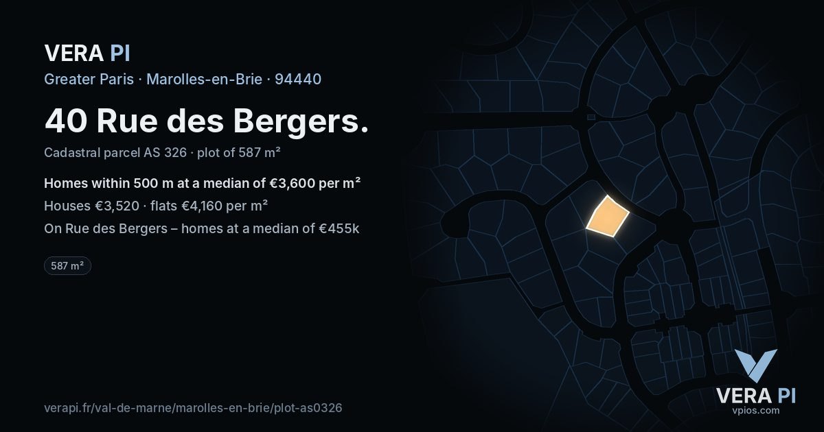 40 Rue des Bergers, Marolles-en-Brie at night – the plot lit, the parcels around coloured by the prices near them