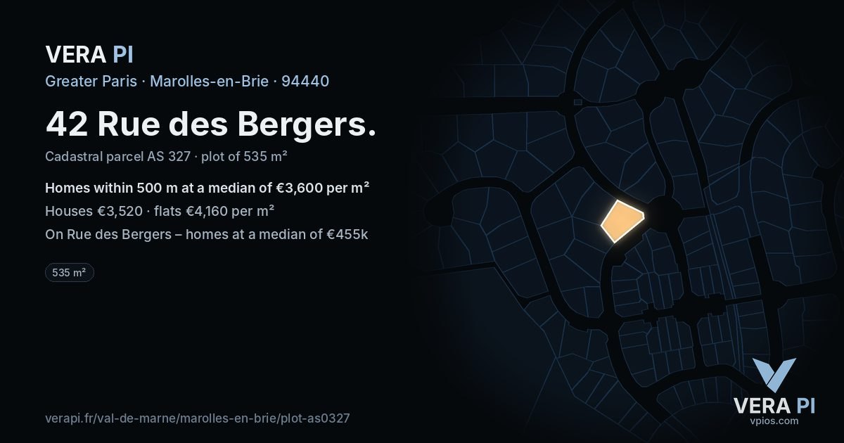 42 Rue des Bergers, Marolles-en-Brie at night – the plot lit, the parcels around coloured by the prices near them
