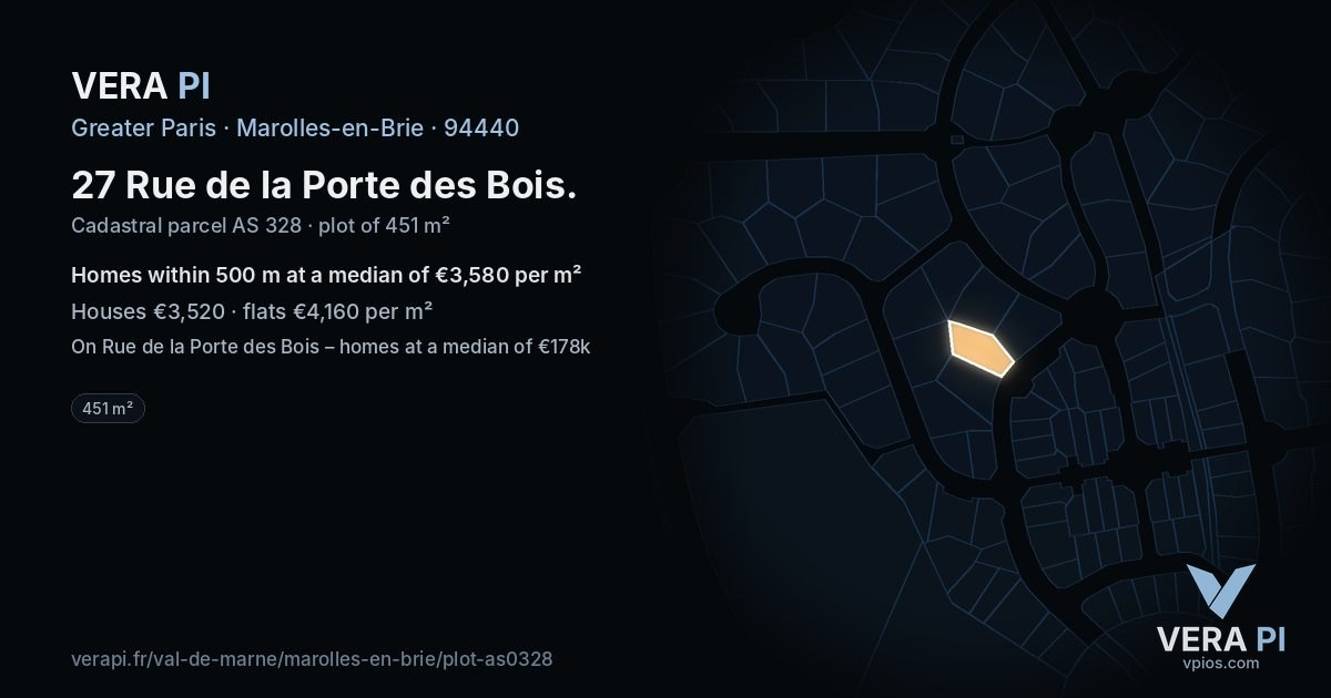 27 Rue de la Porte des Bois, Marolles-en-Brie at night – the plot lit, the parcels around coloured by the prices near them