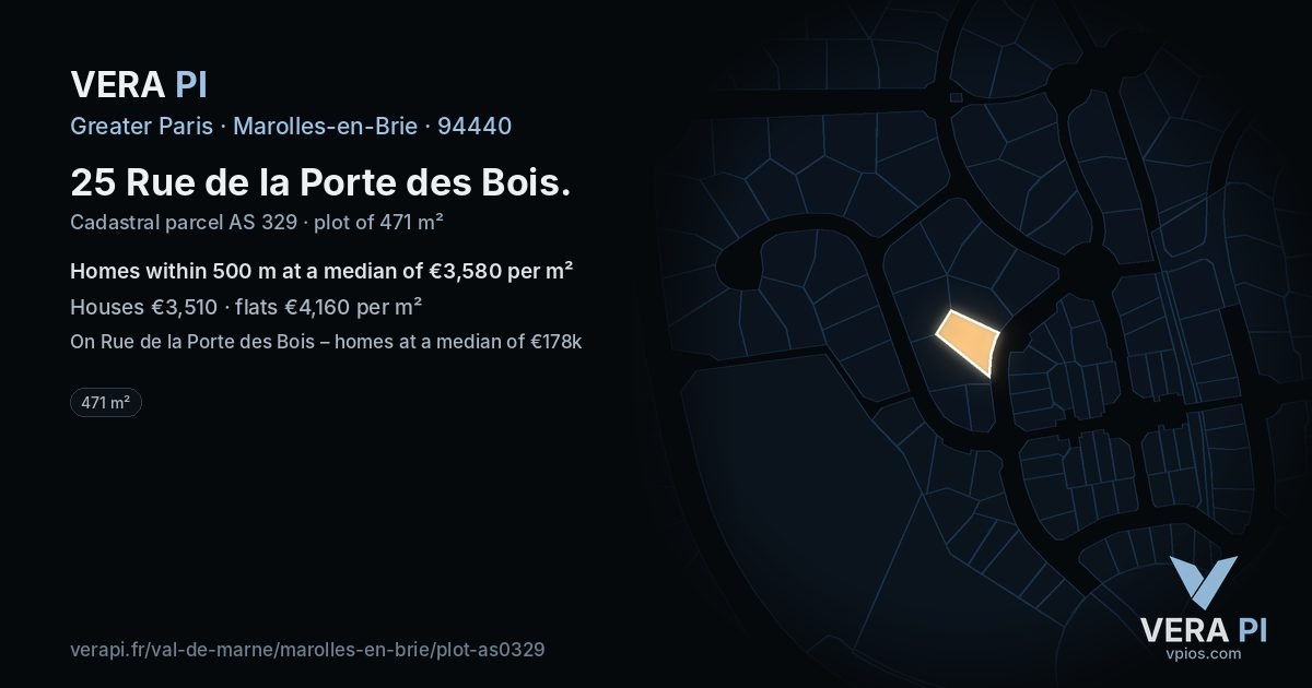 25 Rue de la Porte des Bois, Marolles-en-Brie at night – the plot lit, the parcels around coloured by the prices near them