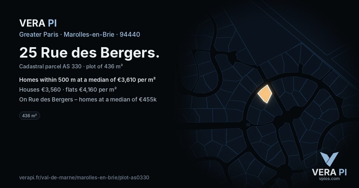 25 Rue des Bergers, Marolles-en-Brie at night – the plot lit, the parcels around coloured by the prices near them