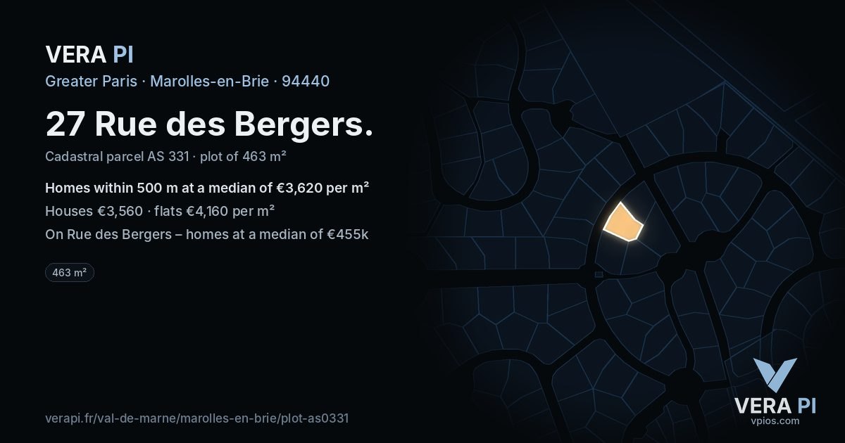 27 Rue des Bergers, Marolles-en-Brie at night – the plot lit, the parcels around coloured by the prices near them
