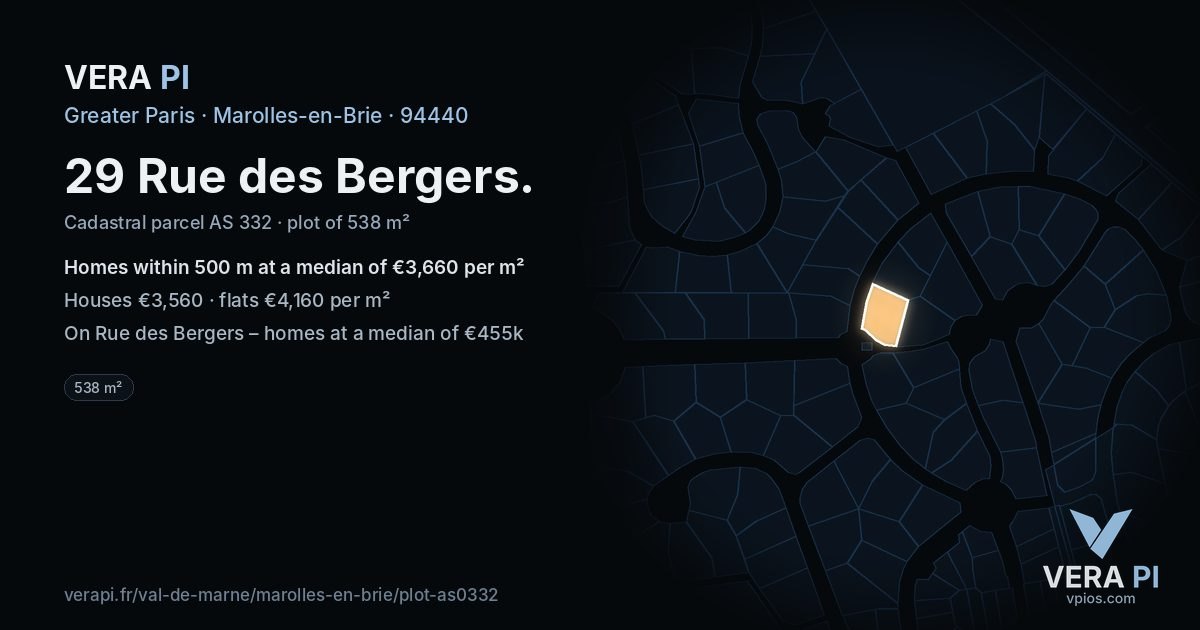 29 Rue des Bergers, Marolles-en-Brie at night – the plot lit, the parcels around coloured by the prices near them