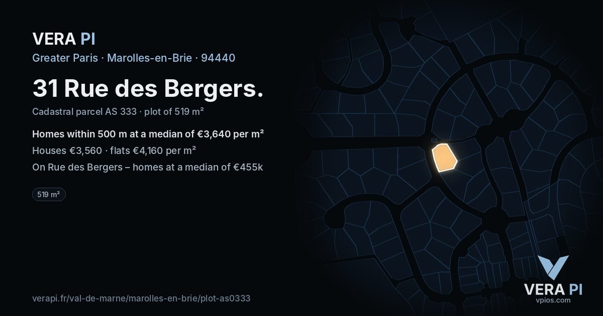31 Rue des Bergers, Marolles-en-Brie at night – the plot lit, the parcels around coloured by the prices near them
