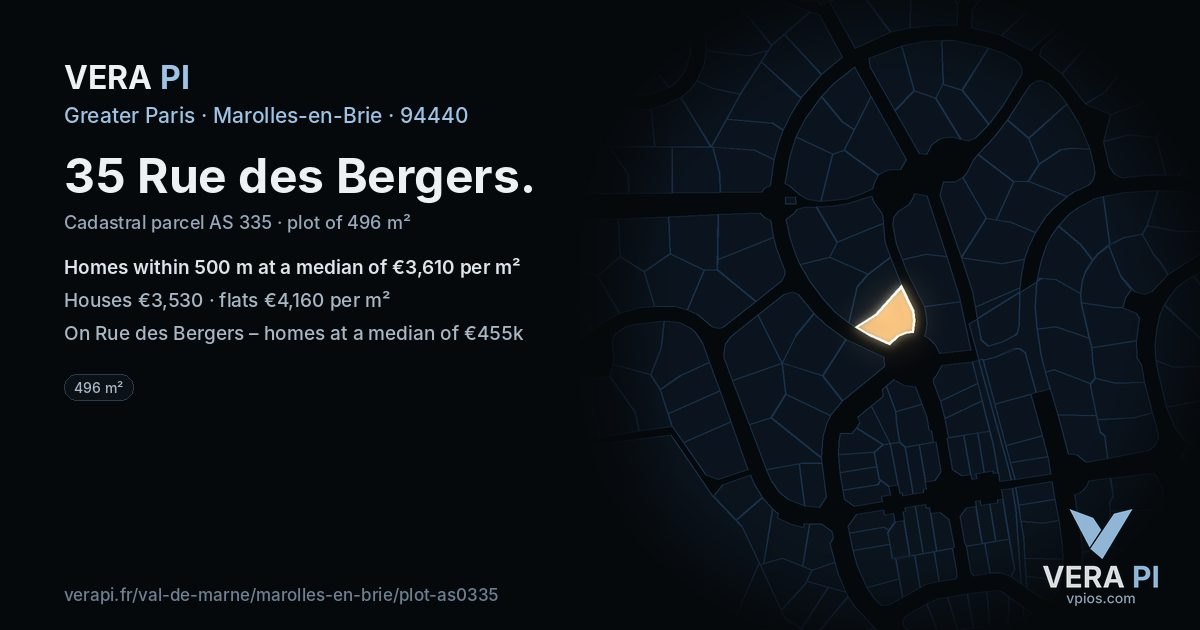 35 Rue des Bergers, Marolles-en-Brie at night – the plot lit, the parcels around coloured by the prices near them