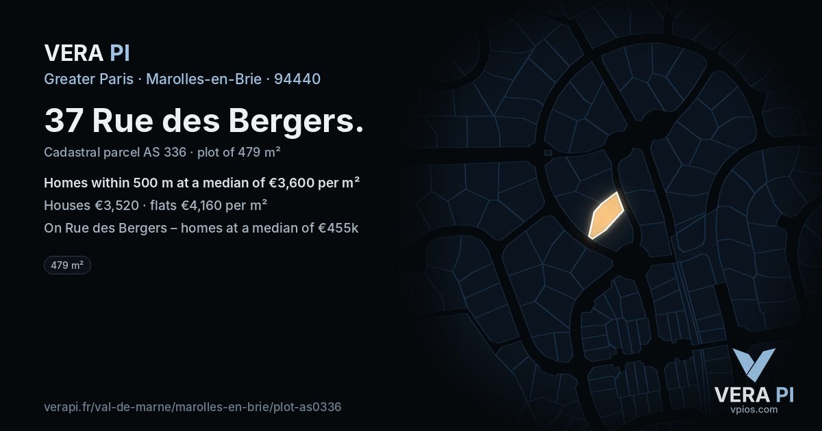 37 Rue des Bergers, Marolles-en-Brie at night – the plot lit, the parcels around coloured by the prices near them