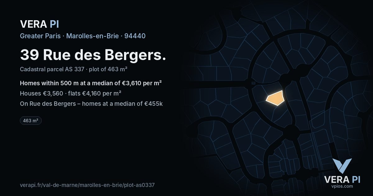 39 Rue des Bergers, Marolles-en-Brie at night – the plot lit, the parcels around coloured by the prices near them