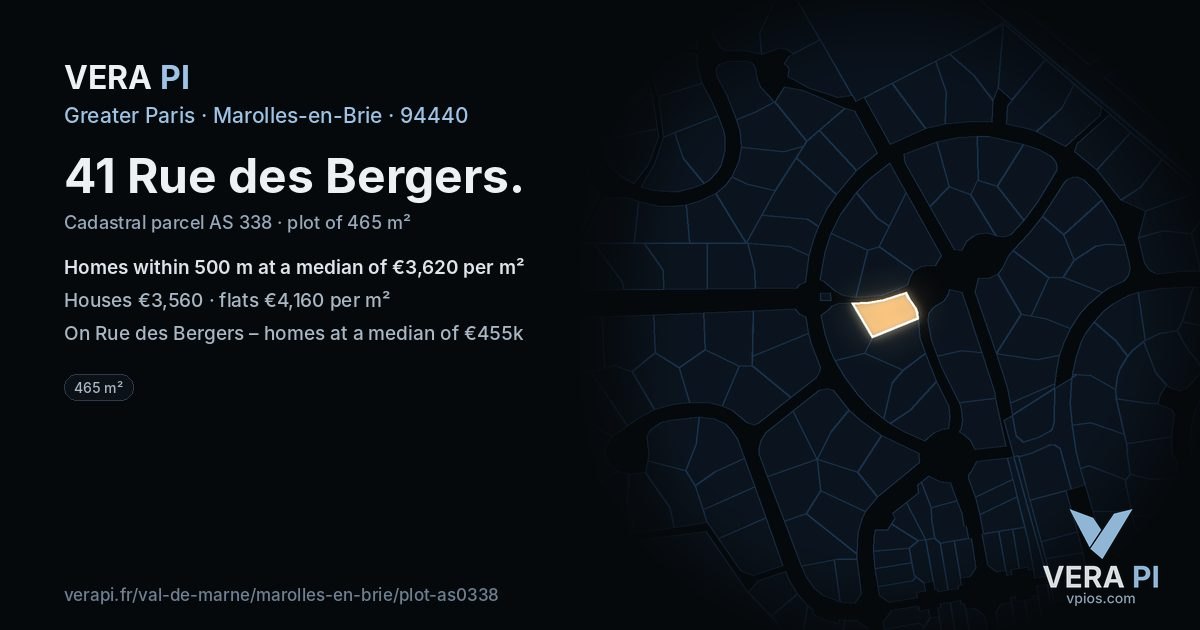 41 Rue des Bergers, Marolles-en-Brie at night – the plot lit, the parcels around coloured by the prices near them