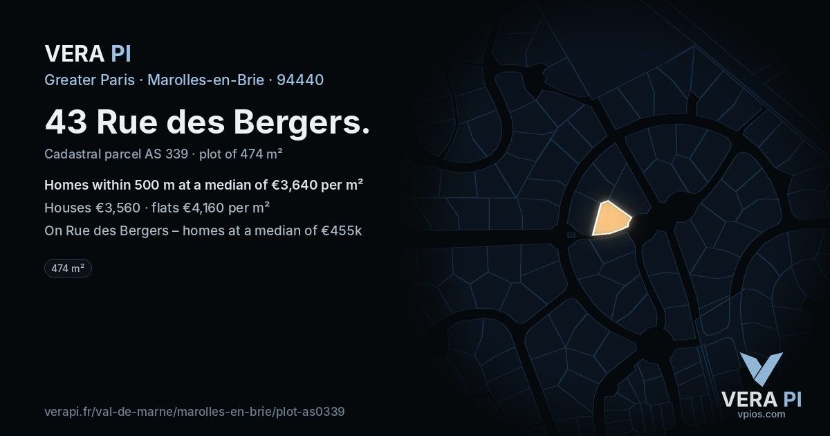 43 Rue des Bergers, Marolles-en-Brie at night – the plot lit, the parcels around coloured by the prices near them